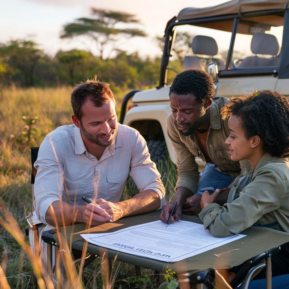 Realtor & couple signing paperwork in Gabarone, Botswana in the Eden Hills Wildlife Reserve & Residences.