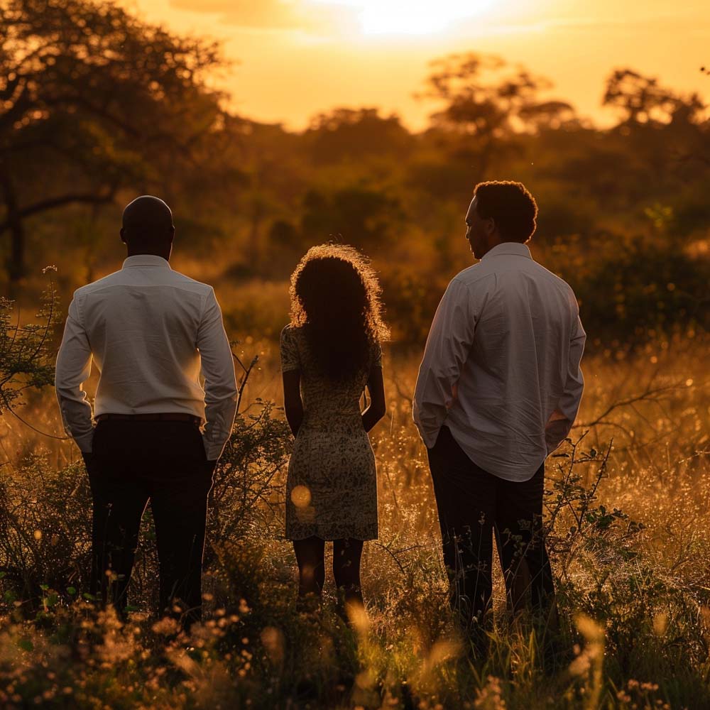 A couple and a realtor standing in Sentlhane Eden Hills Wildlife Reserve & Residences. They are watching the sunset.