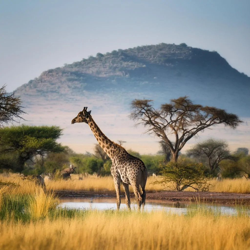 Botswana nature. There's a giraffe in the middle of the image surrounded by wild nature.